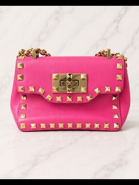 Valentino Studded Pink Leather Shoulder Bag with Gold Hardware